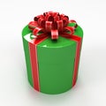 Green cylindrical gift box with red ribbon