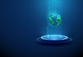 Green 3d earth globe on futuristic podium in flowing data stream. Global digital connectivity, data exchange, technology Royalty Free Stock Photo