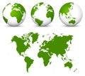 Green 3D Vector World - Globe Collection and Undistorted 2D Earth Map in Green Color. Royalty Free Stock Photo