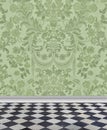 Green Damask Wall and Marble Floor