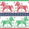 Green, dark blue , red Christmas Scandinavian seamless Nordic pattern with rocking dala pony horses, stars, snowflakes in c