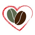 Green and dark brown coffee bean in heart of chalk brush stroke Love coffee Logo or sticker concept Royalty Free Stock Photo