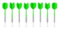 Green dart arrows with metal tip and shadow. Dart throwing sport game, dartboard equipment. Vector illustration