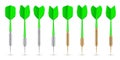 Green dart arrows with metal tip and shadow. Dart throwing sport game, dartboard equipment. Vector illustration