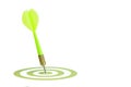 Green dart hitting the center of a target.