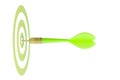 Green dart hitting the center of the target.