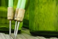 Green darts from a dartboard resting on beer bottles Royalty Free Stock Photo