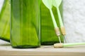 Green darts from a dartboard resting on beer bottles Royalty Free Stock Photo