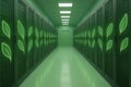 Green Data Center Corridor with Servers and Leaf Illustrations for Sustainable Technology and Eco Friendly Computing Royalty Free Stock Photo