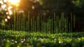 Green data visualization overlaying lush greenery, vibrant digital data, and nature Royalty Free Stock Photo