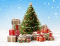 Green decorated christmas fir and pile of christmas presents 3d-illustration