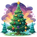 Green decorated christmas tree under rays of dramatic sky light . neural network generated art Royalty Free Stock Photo