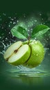 Green delight Water splashing on a fresh apple and sliced piece Royalty Free Stock Photo