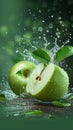 Green delight Water splashing on a fresh apple and sliced piece Royalty Free Stock Photo