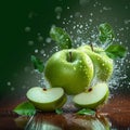 Green delight Water splashing on a fresh apple and sliced piece Royalty Free Stock Photo