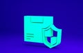 Green Delivery security with shield icon isolated on blue background. Delivery insurance. Insured cardboard boxes beyond Royalty Free Stock Photo