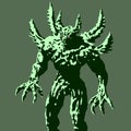 Green demon with spikes stands ready to attack. Vector illustration.