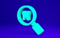 Green Dental search icon isolated on blue background. Tooth symbol for dentistry clinic or dentist medical center