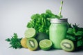 Green detox healthy smoothie from green fruit - avocado, salad, kale, lime, kiwi, mint. Alkaline diet concept. Vegan healthy Royalty Free Stock Photo