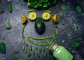 Green Detox Healthy Smoothie From Green Fruit, Avocado, Salad, Kale, Lime, Kiwi, Mint. Food Face, Fun Food For Kids Idea. Alkaline
