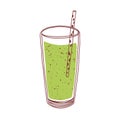 Green detox smoothie in glass with straw. Summer refreshing Japanese matcha drink. Cold vitamin chlorophyll lemonade