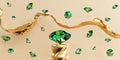 Green diamond gems falling on golden background 3d rendering