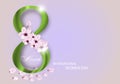 Green Digit eight with flowers and petals for Holiday March 8 International Women`s Day on light background. Vector Royalty Free Stock Photo