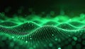Green digital abstract wavy grid with glowing dots and bokeh lights. Futuristic data flow, cyberspace connection, network Royalty Free Stock Photo