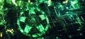 Green digital circuit board featuring nuclear symbol, futuristic technology, abstract design, glowing elements