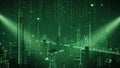 Green Digital Cityscape with Matrix- Style Falling Code and Skyscrapers technology futuristic Royalty Free Stock Photo