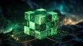 Green Digital Cube with Binary Code and Glowing Circuits on Dark Background data technology Royalty Free Stock Photo