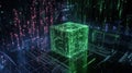 Green digital cube with glowing lines and binary code in a futuristic finance concept environment Royalty Free Stock Photo