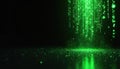 Green digital data stream falls creating luminous particles on dark reflective surface. Abstract tech background. Bits, bytes Royalty Free Stock Photo