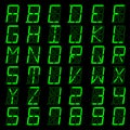 Green digital font, letters and numbers. English alphabet in digital screen. Concept LED board for billboards, watches, sports Royalty Free Stock Photo