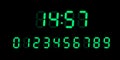 Green digital glowing numbers set for electronic devices LED screen isolated on black background. Vector Clock display