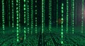 Green digital rain of code falling down, abstract binary data stream, matrix effect, futuristic technology Royalty Free Stock Photo