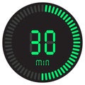 The green digital timer 30 minutes. electronic stopwatch with a gradient dial starting vector icon, clock and watch, timer.