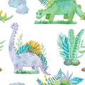 Green dinosaur clip-art with tropical leaves watercolor seamless pattern