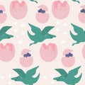 Green dinosaur and pink egg in a seamless pattern design