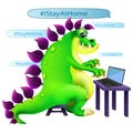green dinosaur sit with laptop and writing `I stay at home`