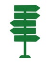 Green directional signpost with multiple arrows pointing in different directions on a white background indicating choices and Royalty Free Stock Photo