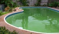 Green dirty pool algae water in a suburban backyard