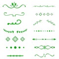 Green Dividers vector on white background. Handdrawn borders. Unique swirl, divider. Ink, brush lines, laurels set.