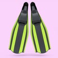 Green diving flippers isolated on pink. 3d render of snorkeling equipment