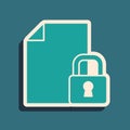 Green Document and lock icon isolated on green background. File format and padlock. Security, safety, protection concept