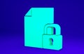 Green Document and lock icon isolated on blue background. File format and padlock. Security, safety, protection concept