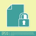 Green Document and lock icon isolated on yellow background. File format and padlock. Security, safety, protection