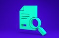 Green Document with search icon isolated on blue background. File and magnifying glass icon. Analytics research sign. 3d