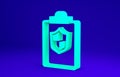 Green Document with shield icon isolated on blue background. Insurance concept. Security, safety, protection, protect