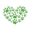 Green dog paw print made of heart vector